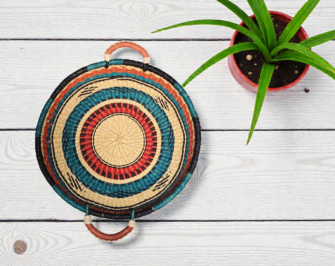 Bolga Round Tray with Leather Handles (Plant-Based Dyes)