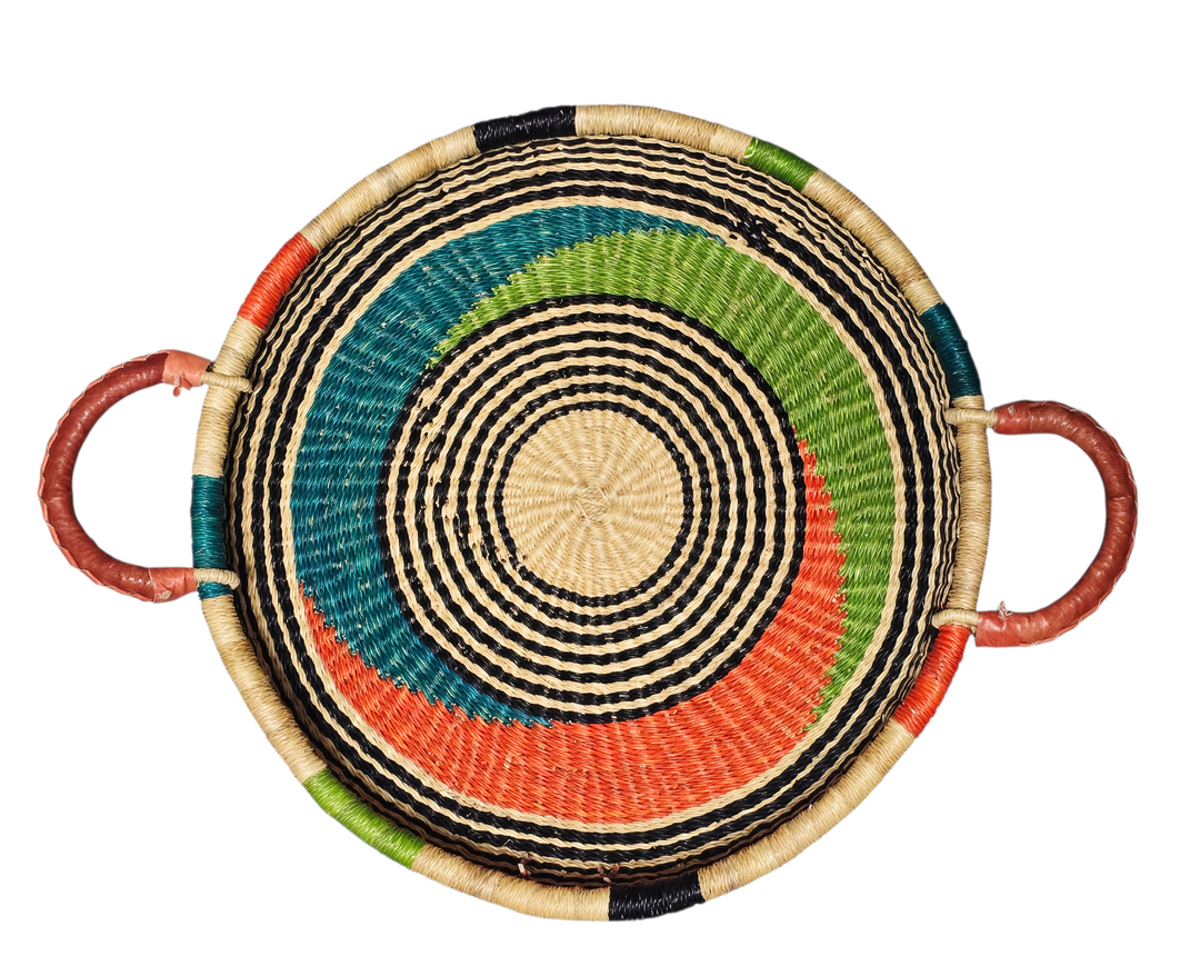 Bolga Round Tray with Leather Handles (Plant-Based Dyes)