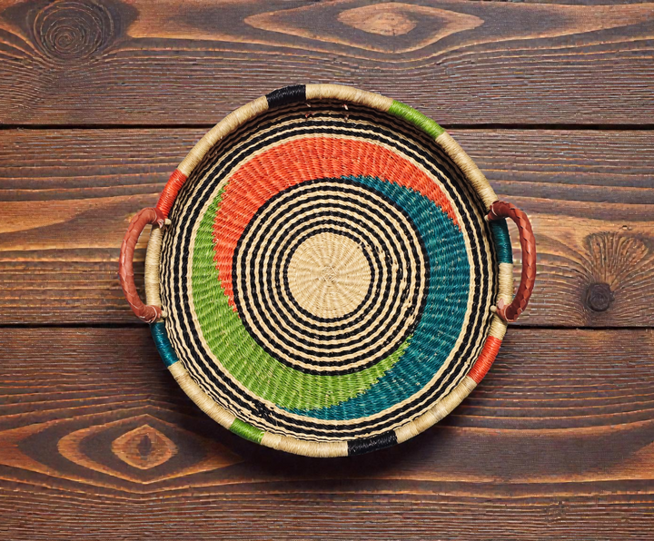 Bolga Round Tray with Leather Handles (Plant-Based Dyes)