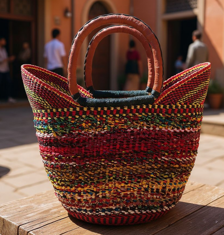 Bolga Basket with Ankara Accent – Handwoven & Upcycled