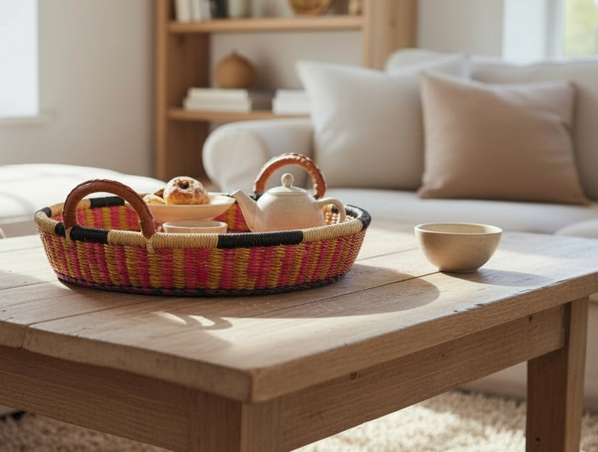 Bolga Round Tray with Leather Handles (Plant-Based Dyes)