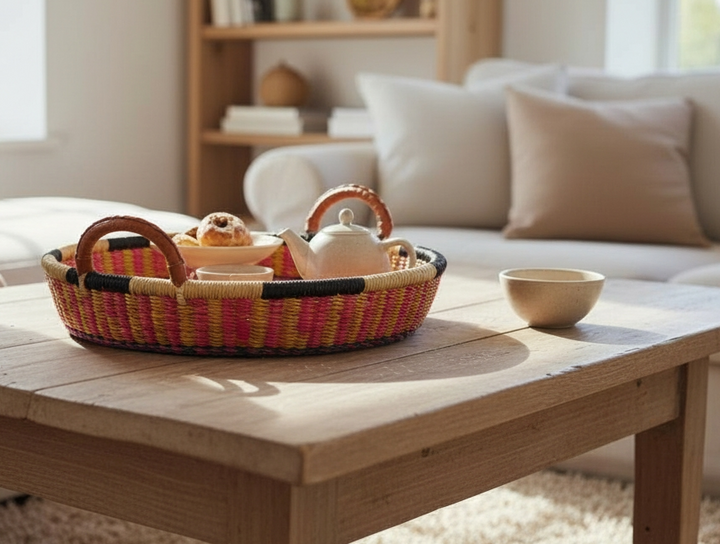 Bolga Round Tray with Leather Handles (Plant-Based Dyes)