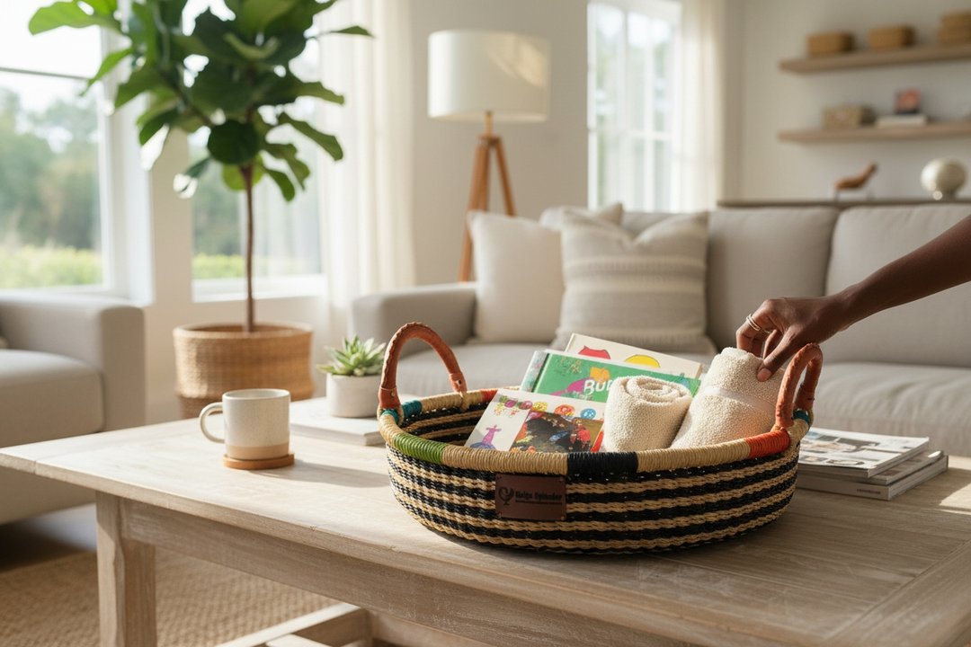 Bolga Round Tray with Leather Handles (Plant-Based Dyes)