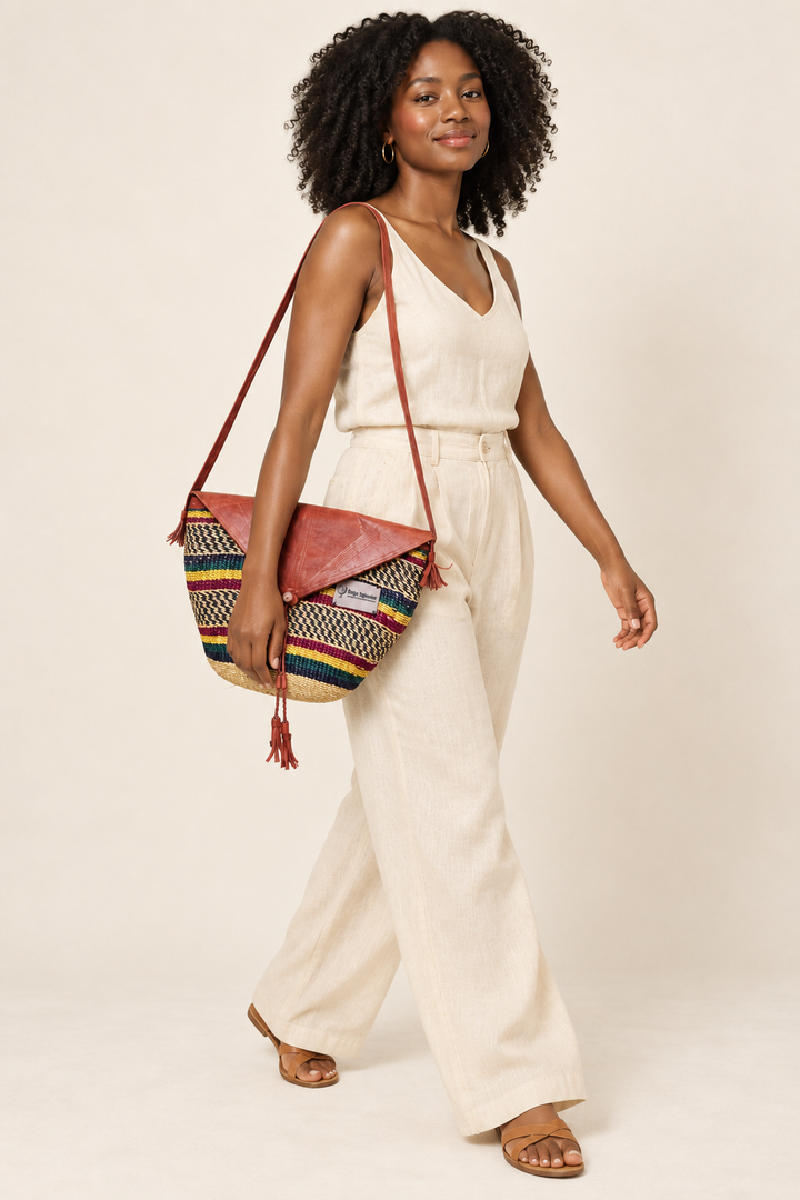 Handwoven Bolga Leather-Flap Shoulder Bag