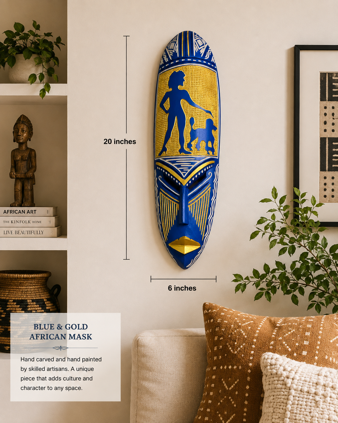 Adinkra Hand Carved African Mask-Blue and Gold
