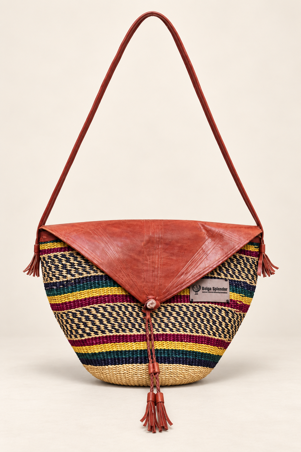 Handwoven Bolga Leather-Flap Shoulder Bag