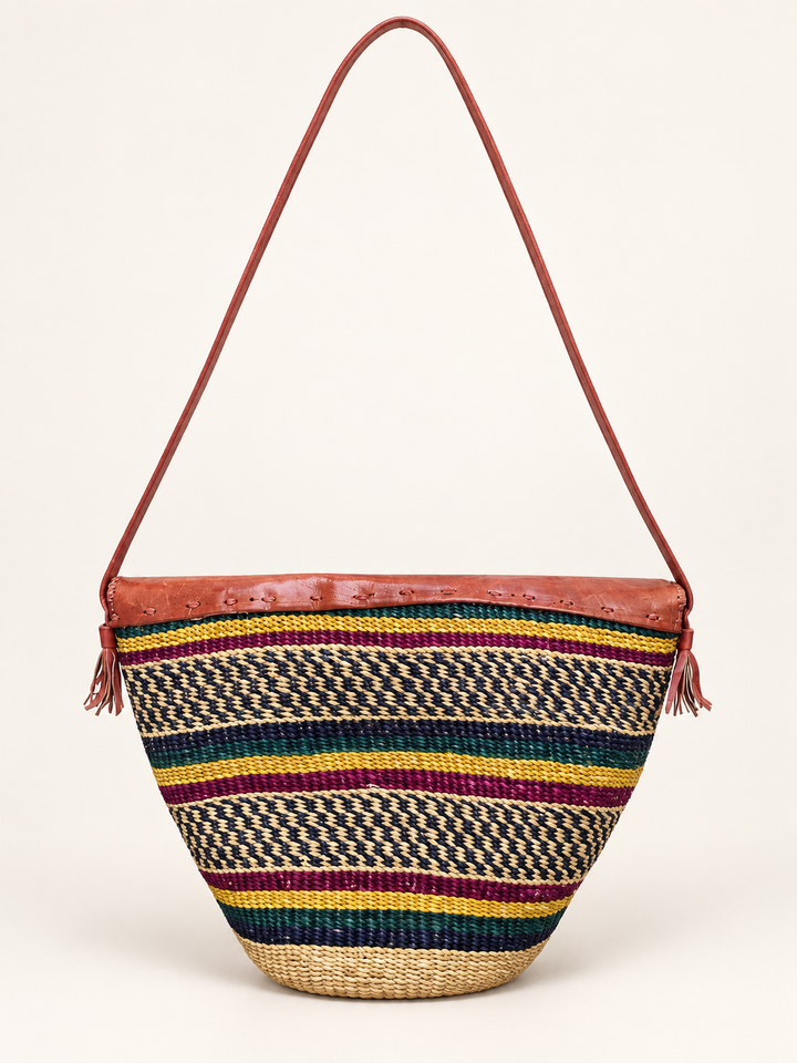 Handwoven Bolga Leather-Flap Shoulder Bag
