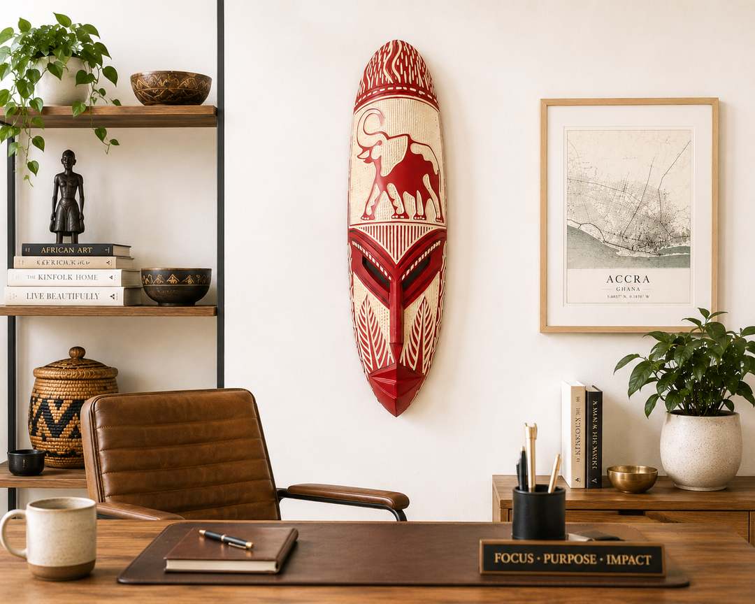 Hand Carved African Mask- Red and Natural