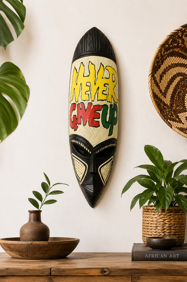 Hand Carved African Mask-Never Give Up