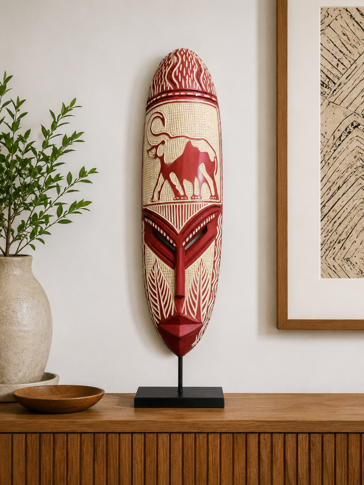 Hand Carved African Mask- Red and Natural