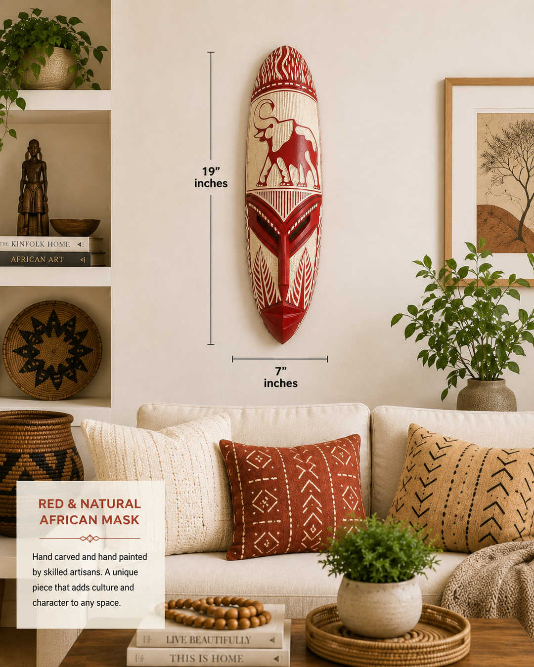 Hand Carved African Mask- Red and Natural