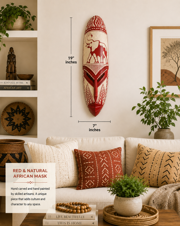 Hand Carved African Mask- Red and Natural
