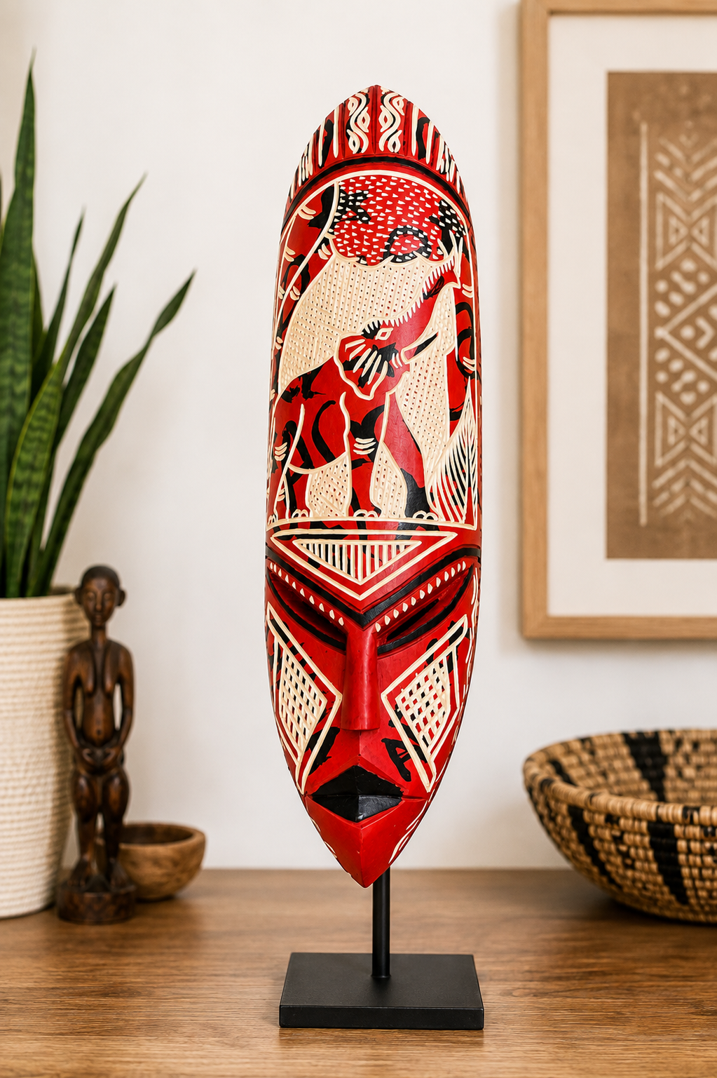 Hand Carved African Mask- Red and Black