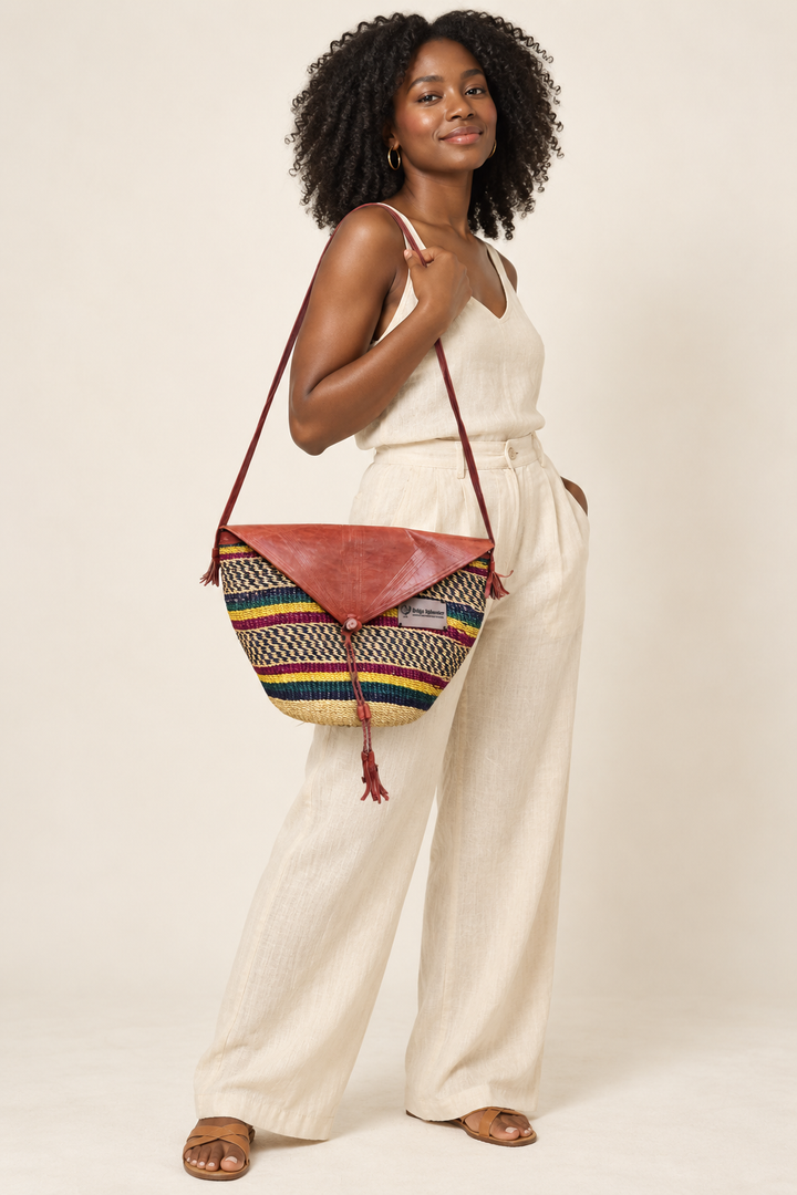 Handwoven Bolga Leather-Flap Shoulder Bag